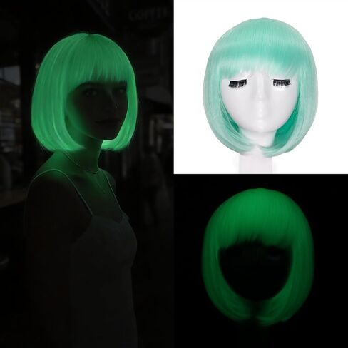 White Bob Wig with Bangs 10inch Short Glow in the Dark Wig Synthetic Straight Glueless Wigs for Cosplay Party Carnival in Kuwait