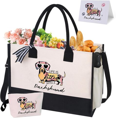 Dachshund Gifts for Women, Weiner Dog Canvas Tote Bag with Zipper for Dachshund Lovers Travel, Shopping, Beach – Perfect Weenie Dog Gifts for Mother's Day, Christmas, Birthday in Saudi Arabia