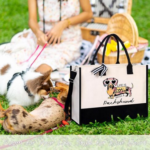 Dachshund Gifts for Women, Weiner Dog Canvas Tote Bag with Zipper for Dachshund Lovers Travel, Shopping, Beach – Perfect Weenie Dog Gifts for Mother's Day, Christmas, Birthday in Saudi Arabia