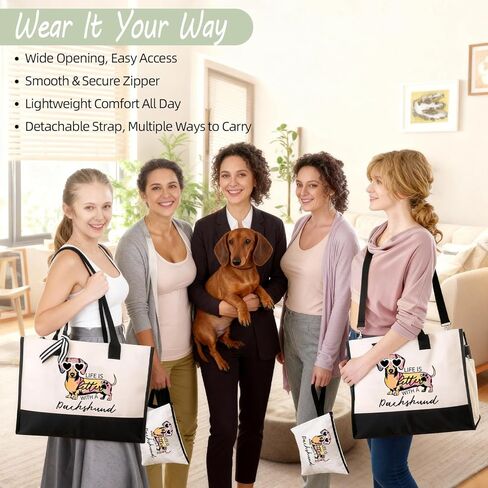 Dachshund Gifts for Women, Weiner Dog Canvas Tote Bag with Zipper for Dachshund Lovers Travel, Shopping, Beach – Perfect Weenie Dog Gifts for Mother's Day, Christmas, Birthday in Saudi Arabia