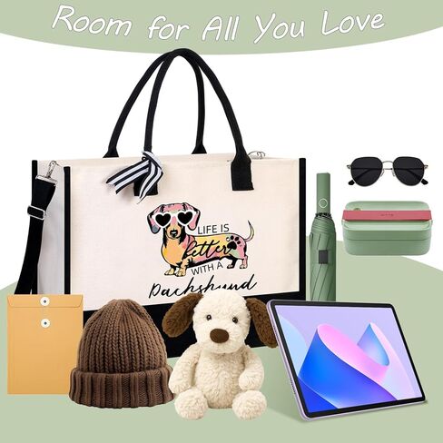 Dachshund Gifts for Women, Weiner Dog Canvas Tote Bag with Zipper for Dachshund Lovers Travel, Shopping, Beach – Perfect Weenie Dog Gifts for Mother's Day, Christmas, Birthday in Saudi Arabia
