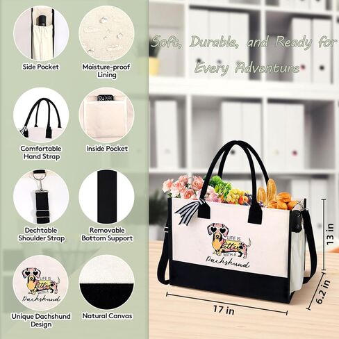 Dachshund Gifts for Women, Weiner Dog Canvas Tote Bag with Zipper for Dachshund Lovers Travel, Shopping, Beach – Perfect Weenie Dog Gifts for Mother's Day, Christmas, Birthday in Saudi Arabia