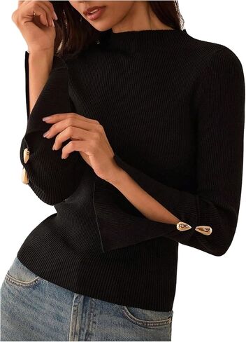 Verdusa Women's Metal Slit Long Sleeve Cozy Sweaters Slim Fit Knit Tops Fall Pullovers Elegant Formal Outfits in Saudi Arabia