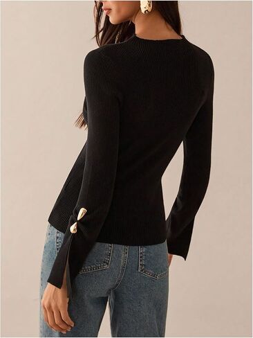 Verdusa Women's Metal Slit Long Sleeve Cozy Sweaters Slim Fit Knit Tops Fall Pullovers Elegant Formal Outfits in Saudi Arabia