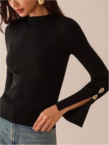 Verdusa Women's Metal Slit Long Sleeve Cozy Sweaters Slim Fit Knit Tops Fall Pullovers Elegant Formal Outfits in Saudi Arabia