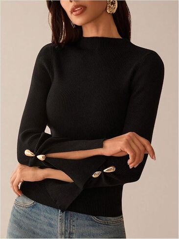 Verdusa Women's Metal Slit Long Sleeve Cozy Sweaters Slim Fit Knit Tops Fall Pullovers Elegant Formal Outfits in Saudi Arabia