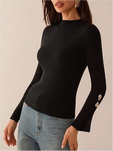 Verdusa Women's Metal Slit Long Sleeve Cozy Sweaters Slim Fit Knit Tops Fall Pullovers Elegant Formal Outfits in Saudi Arabia
