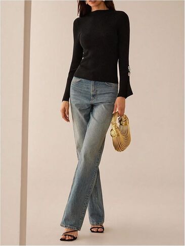 Verdusa Women's Metal Slit Long Sleeve Cozy Sweaters Slim Fit Knit Tops Fall Pullovers Elegant Formal Outfits in Saudi Arabia