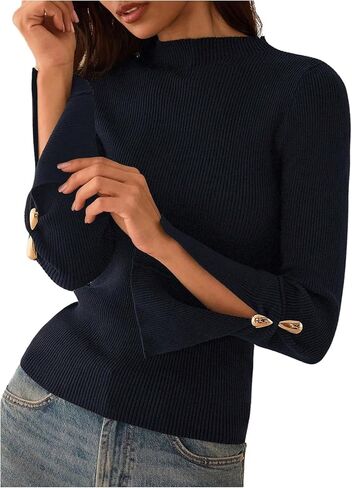 Verdusa Women's Metal Slit Long Sleeve Cozy Sweaters Slim Fit Knit Tops Fall Pullovers Elegant Formal Outfits in Saudi Arabia