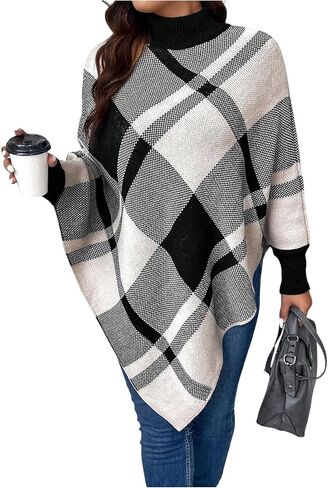 MakeMeChic Women's Winter Plus Size Plaid Print Poncho Sweater Work Office High Neck Long Sleeve Pullovers in Saudi Arabia