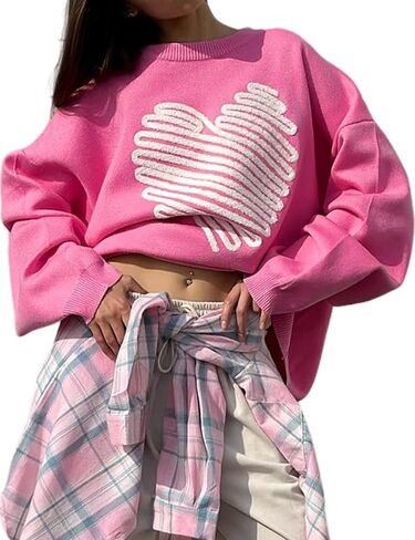 Arssm Women's Heart Pullover Sweaters Crew Neck Y2K Loose Fit Knit Cute Valentines Casual Sweater in Saudi Arabia