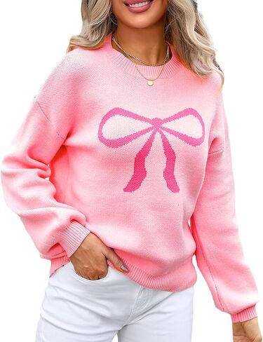 Women Cute Bow Sweater Y2k Long Sleeve Crew Neck Knit Sweaters Aesthetic Pullover Top in Saudi Arabia