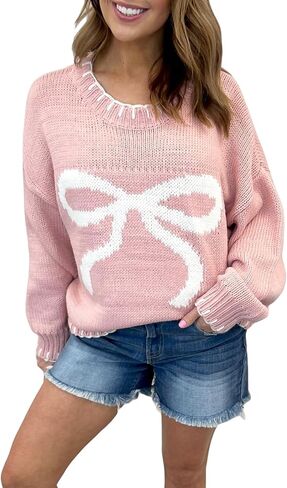 Women Cute Bow Sweater Y2k Long Sleeve Crew Neck Knit Sweaters Aesthetic Pullover Top in Saudi Arabia
