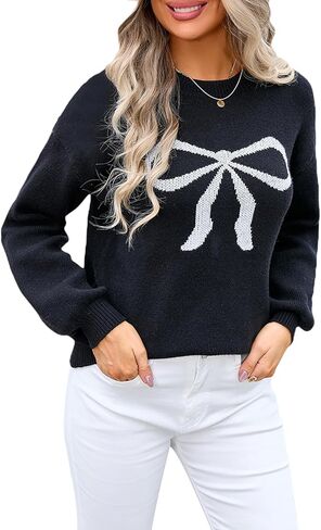 Women Cute Bow Sweater Y2k Long Sleeve Crew Neck Knit Sweaters Aesthetic Pullover Top in Saudi Arabia