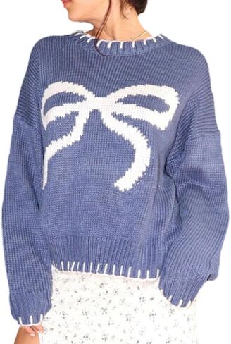 Women Cute Bow Sweater Y2k Long Sleeve Crew Neck Knit Sweaters Aesthetic Pullover Top in Saudi Arabia