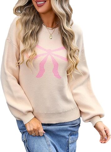 Women Cute Bow Sweater Y2k Long Sleeve Crew Neck Knit Sweaters Aesthetic Pullover Top in Saudi Arabia