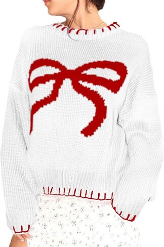 Women Cute Bow Sweater Y2k Long Sleeve Crew Neck Knit Sweaters Aesthetic Pullover Top in Saudi Arabia