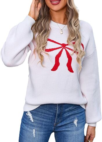 Women Cute Bow Sweater Y2k Long Sleeve Crew Neck Knit Sweaters Aesthetic Pullover Top in Saudi Arabia