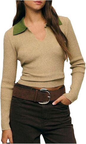 Women's Cut Out Collared Sweater Dressy Casual Long Sleeve Ribbed Knit Work Pullover Tops in Saudi Arabia