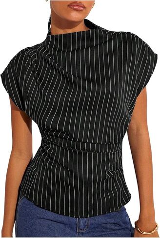 Floerns Women's Elegant Striped Dolman Sleeve Blouse Tops Mock Neck Business Casual Outfit in Saudi Arabia