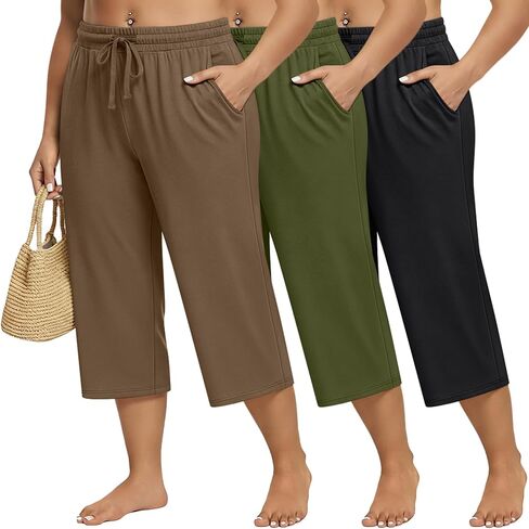 Huukeay 3 Pack Women's Plus Size Capris, Drawstring Cotton Yoga Capri Sweatpants Summer Casual Loose Cropped Pant with Pocket in Saudi Arabia