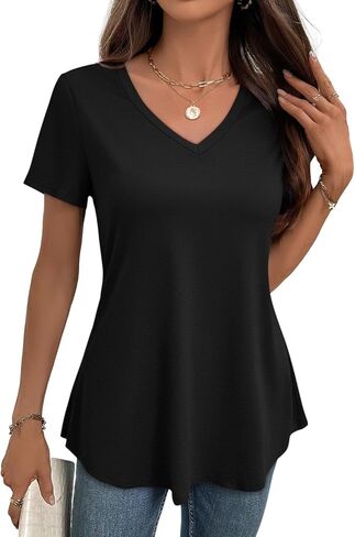 تيشيرتات نسائية من JUSTFASHIONNOW بأكمام قصيرة وفتحة رقبة على شكل V للسراويل الضيقة الأنيقة غير الرسمية للصيف والشاطئ الأساسية in Kuwait