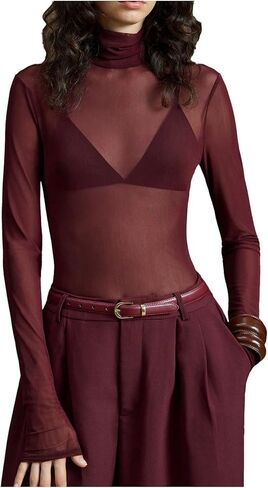 قمصان نسائية شبكية شفافة بياقة سلحفاة وأكمام طويلة، قمصان بقصة ضيقة، ملابس الخريف in Kuwait