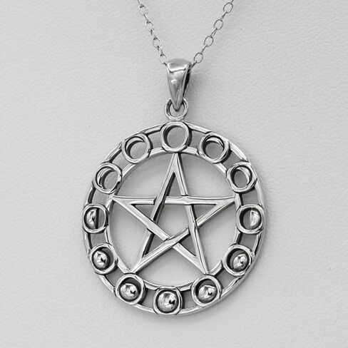 Moonlight Mysteries Moon Pentagram Pendant - Sterling Silver Moon Phase Pentacle Necklace With 18", 20", 22" Adjustable Chain - Wiccan Pagan Jewelry for Women or Men (1.1 inch) in Saudi Arabia