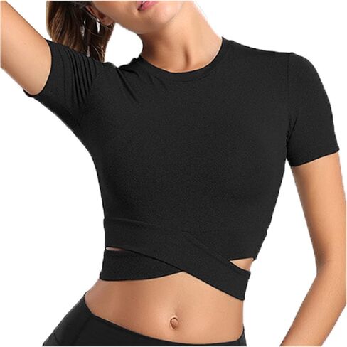 تي شيرت نسائي قصير الأكمام للتمرين والجري، تي شيرت رياضي لليوجا in Kuwait