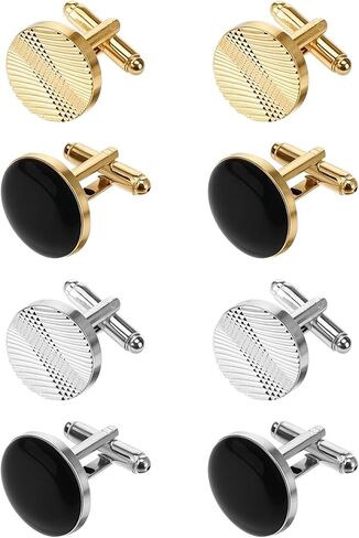4 Pairs Cufflinks for Men Classic Tone Cuff Links Fashion Men Cufflinks Silver Black Striped Disc Square Rectangle Cuff Links for Business Wedding Party Gift Box in Kuwait