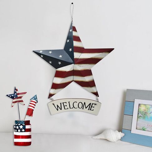 4th of July Metal Star Barn Patriotic Welcome Sign Hanging Wall Decoration, Rustic American Star Decor US Flag Barn Star Door Hanger Sign Indoor Outdoor Wall Art Decor for Veterans Day Labor Day in Saudi Arabia