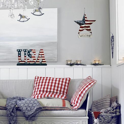 4th of July Metal Star Barn Patriotic Welcome Sign Hanging Wall Decoration, Rustic American Star Decor US Flag Barn Star Door Hanger Sign Indoor Outdoor Wall Art Decor for Veterans Day Labor Day in Saudi Arabia