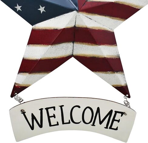 4th of July Metal Star Barn Patriotic Welcome Sign Hanging Wall Decoration, Rustic American Star Decor US Flag Barn Star Door Hanger Sign Indoor Outdoor Wall Art Decor for Veterans Day Labor Day in Saudi Arabia