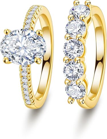 Engagement Rings for Women - 2CT Gold/Silver Oval Cut Cubic Zirconia Engagement Wedding Rings Set for Women Eternity Wedding Band Promise Ring for Her Bride Anniversary Birthday Gifts in Saudi Arabia