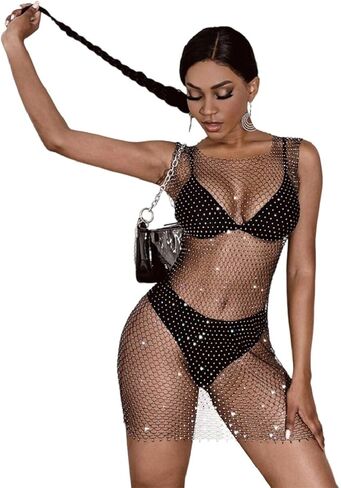 XGOPTS Women Rhinestone Lingerie Fishnet Dress Sexy Mesh Body Chain Bodycon Club Dress See Trough Bikini Swimwear Cover Ups in Saudi Arabia