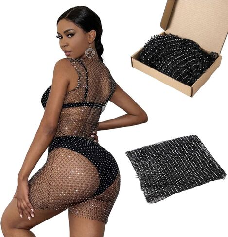 XGOPTS Women Rhinestone Lingerie Fishnet Dress Sexy Mesh Body Chain Bodycon Club Dress See Trough Bikini Swimwear Cover Ups in Saudi Arabia