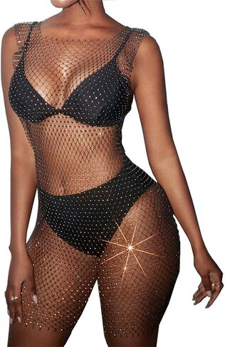 XGOPTS Women Rhinestone Lingerie Fishnet Dress Sexy Mesh Body Chain Bodycon Club Dress See Trough Bikini Swimwear Cover Ups in Saudi Arabia