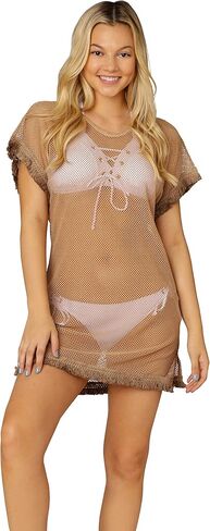 INGEAR Swimsuit Cover Ups Beach Bikini Bathing Suit Cover Up Crochet Fringe Trim Mesh Dress in Saudi Arabia