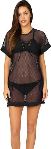 INGEAR Swimsuit Cover Ups Beach Bikini Bathing Suit Cover Up Crochet Fringe Trim Mesh Dress in Saudi Arabia
