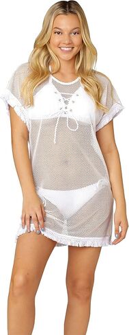 INGEAR Swimsuit Cover Ups Beach Bikini Bathing Suit Cover Up Crochet Fringe Trim Mesh Dress in Saudi Arabia