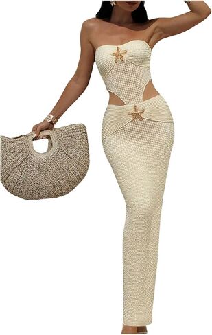 WDIRARA Women's Cut Out Crochet Bodycon Cover Up Dress Starfish Strapless Maxi Beach Dress in Saudi Arabia