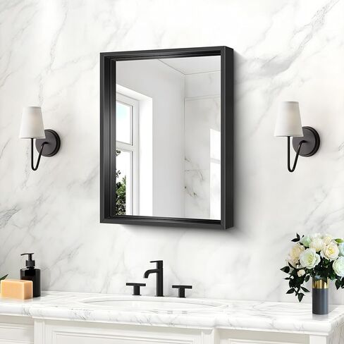 CIRCUMI 18"x22" Rectangular Mirror with Box Metal Frame, Black Bathroom Mirror, Brushed Finish, Tempered Glass, Large Mirror for Wall, Over Sink, Installed Vertically/Horizontally, Crystal-Clear in Saudi Arabia