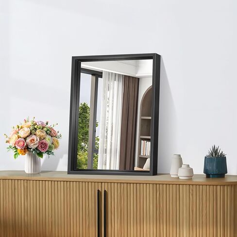 CIRCUMI 18"x22" Rectangular Mirror with Box Metal Frame, Black Bathroom Mirror, Brushed Finish, Tempered Glass, Large Mirror for Wall, Over Sink, Installed Vertically/Horizontally, Crystal-Clear in Saudi Arabia