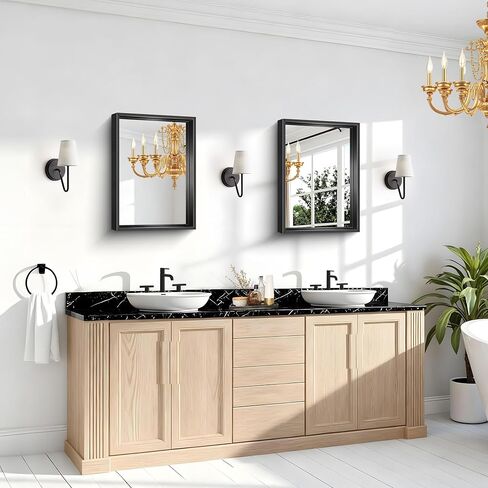 CIRCUMI 18"x22" Rectangular Mirror with Box Metal Frame, Black Bathroom Mirror, Brushed Finish, Tempered Glass, Large Mirror for Wall, Over Sink, Installed Vertically/Horizontally, Crystal-Clear in Saudi Arabia