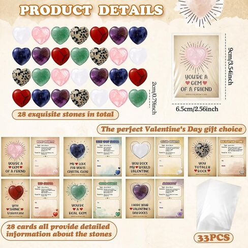 28 Pack Valentine's Day Heart Crystals and Healing Stone Bulk with Meaning Card 0.8'' Natural Love Carved Polished Rocks Gemstones Quartz Amethyst Stone for Women Men Party Favors Gift in Saudi Arabia