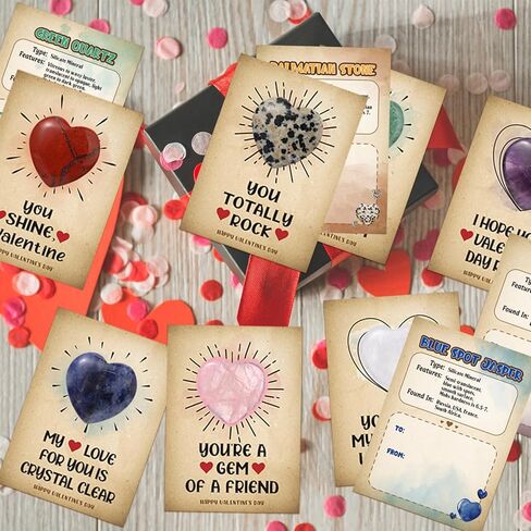 28 Pack Valentine's Day Heart Crystals and Healing Stone Bulk with Meaning Card 0.8'' Natural Love Carved Polished Rocks Gemstones Quartz Amethyst Stone for Women Men Party Favors Gift in Saudi Arabia