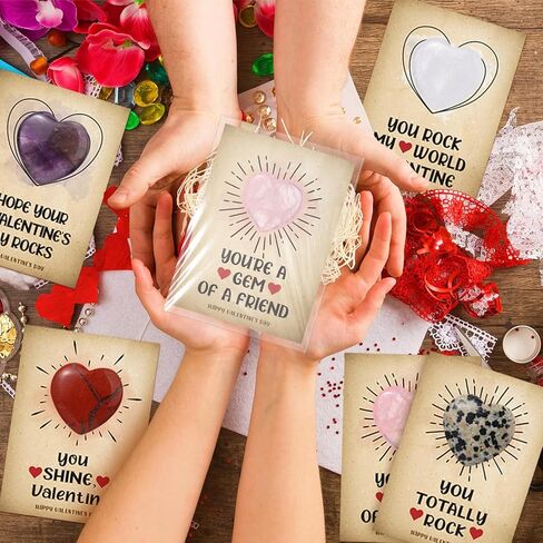 28 Pack Valentine's Day Heart Crystals and Healing Stone Bulk with Meaning Card 0.8'' Natural Love Carved Polished Rocks Gemstones Quartz Amethyst Stone for Women Men Party Favors Gift in Saudi Arabia