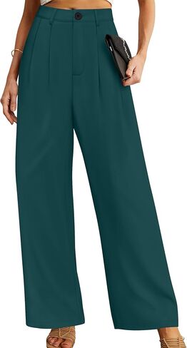 بنطال ذو قصة أرجل واسعة للنساء الأعمال عادية بالازو بانت عالية الخصر أنيق متدفق العمل مكتب بنطلون مع جيوب in Kuwait