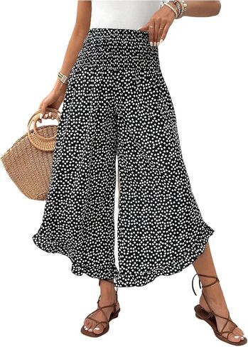 OYOANGLE Women's Polka Dots Flowy Palazzo Pants High Waisted Ruffle Wide Leg Cropped Trousers in Saudi Arabia
