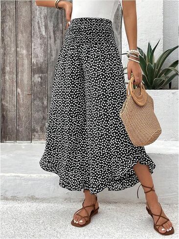 OYOANGLE Women's Polka Dots Flowy Palazzo Pants High Waisted Ruffle Wide Leg Cropped Trousers in Saudi Arabia